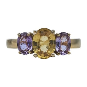 18k Yellow Gold Yellow and Pink Sapphire Three Stone Ring