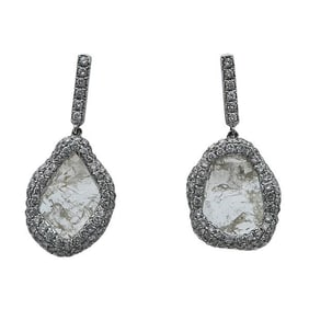 18k White Gold Round Diamond and Diamond Slice Drop Earrings