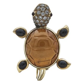 18k Yellow Gold Multi Gem-Set Turtle Brooch Pin