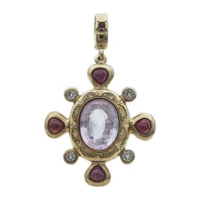 18k Yellow Gold Bezel-Set Pink Sapphire, Ruby and Diamond Pendant