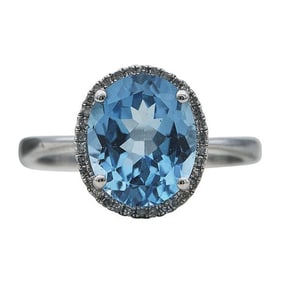 14k White Gold Oval-Cut Blue Topaz and Diamond Halo Ring