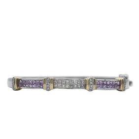 14k White and Yellow Gold Diamond and Pink Sapphire Hinged Bangle Bracelet