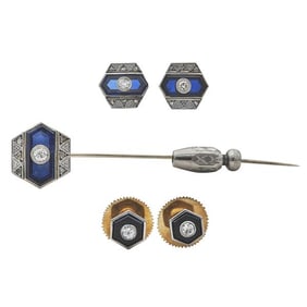 18k Yellow Gold and Platinum Diamond, Synthetic Sapphire and Black Onyx Cufflink, Shirt Stud and