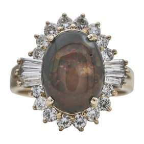 14k Yellow Gold Opal and Mixed-Cut Diamond Halo Ring