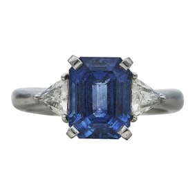 Platinum Emerald-Cut Sapphire and Diamond 3 Stone Ring