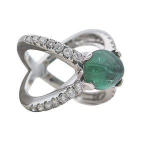 18k White Gold Diamond and Emerald Cabochon X Band Ring