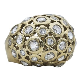 18k Yellow Gold Bezel-Set Rose and Round-Cut Diamond Dome Ring