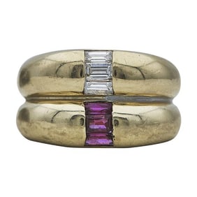18k Yellow Gold Ruby and Diamond Double Dome Band Ring