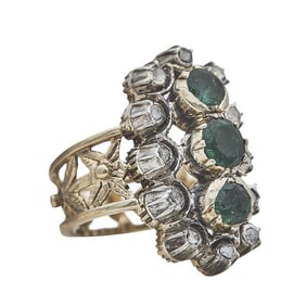 18k Yellow Gold and Silver Three Emerald and Diamond Ring