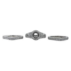 Porrati 14k White Gold Diamond Engagement Ring Setting and 2 Curved Wedding Band Rings