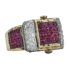 18k Yellow Gold Diamond and Invisible-Set Ruby Band Ring