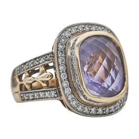 18k Yellow Gold Amethyst and Diamond Halo Openwork Band Ring
