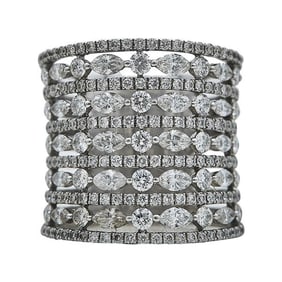 18k White Gold Marquise and Round-Cut Diamond 11 Row Band Ring