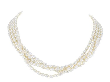 Tiffany & Co. Triple Strand Oval Freshwater Pearl Choker Necklace with 18k Yellow Gold Clasp