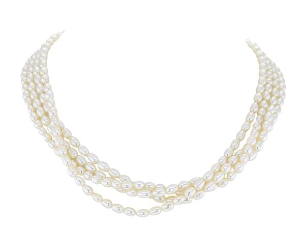 Tiffany & Co. Triple Strand Oval Freshwater Pearl Choker Necklace with 18k Yellow Gold Clasp: Freshwater cultured pearls measuring approx. 4.5mm x 5mm. Necklace length is 15 inches. Signed T&Co., 18K. 40.8 grams. Gemstones have not been graded for color and clarity, and tested for clarity 