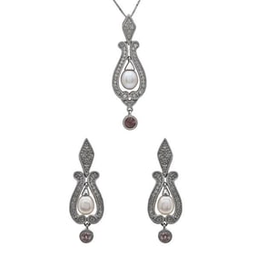 14k White Gold Diamond, Pink Pearl and Pink Tourmaline Pendant Necklace and Earrings Suite