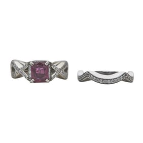 18k White Gold Ruby and Diamond Crossover Engagement Ring and Wedding Band Ring Set