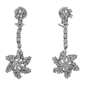 18k White Gold Diamond Floral Dangle Drop Earrings