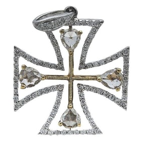 18k White and Yellow Gold Rose and Round-Cut Diamond Cross Pendant Charm