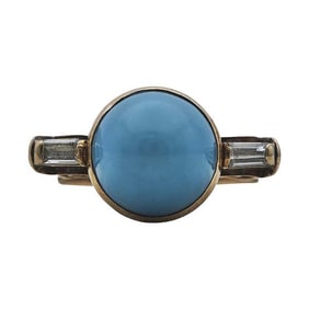 14k Yellow Gold Turquoise and Baguette-Shaped Diamond Ring