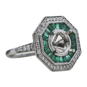 18k White Gold Octagonal Diamond and Emerald Ring Setting