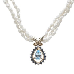 14k Yellow Gold Multi-Strand Freshwater Pearl, Topaz, Sapphire and Diamond Pendant Necklace