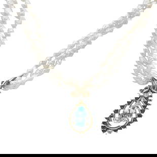 14k Yellow Gold Multi-Strand Freshwater Pearl, Topaz, Sapphire and Diamond Pendant Necklace: Diamonds weighing approx. 0.07 ctw. Necklace length 17 inches. Stamped 14k, maker's mark. 18.4 grams. Gemstones have not been graded for color and clarity, and tested for clarity and color enhance
