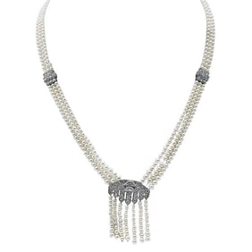 Platinum Diamond and Multi-Strand Seed Pearl Necklace
