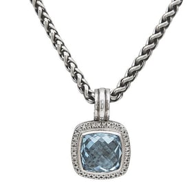 David Yurman Sterling Silver Blue Topaz and Diamond Pendant Necklace