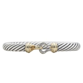 David Yurman Cable Sterling Silver and 14k Yellow Gold Diamond Clasp Flexible Bangle Bracelet