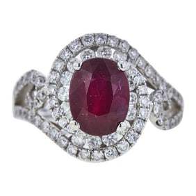 18k White Gold Oval Cut Ruby and Diamond Halo Ring
