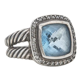 Silver Blue Topaz and Diamond Halo Split Shank Ring