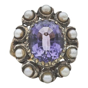 18k Yellow Gold and Silver Amethyst and Akoya Pearl Ring