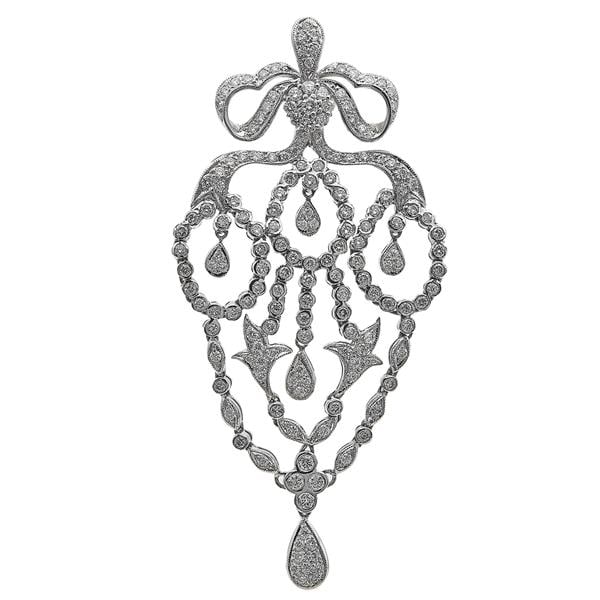 18k White Gold Diamond Articulated Chandelier Ribbon Pendant: Diamonds weighing approx. 1.85 ctw. Pendant measuring approx. 3 inches x 1 1/2 inches. Stamped 750. 16.5 grams. Gemstones have not been graded for color and clarity, and tested for clarity and color e