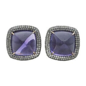 Silver Sugar Loaf Amethyst and Diamond Earrings with Yellow Gold Posts and Backs