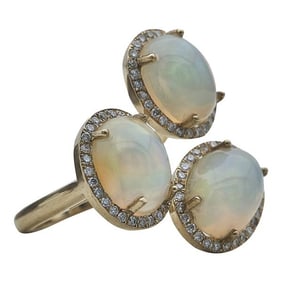 18k Yellow Gold Opal and Diamond Triple Stone Crossover Ring