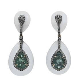 Silver and 14k Yellow Gold Emerald, Rock Crystal and Diamond Pendant Earrings