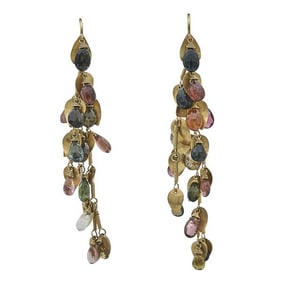18k Yellow Gold Multi-Color Tourmaline Dangle Drop Earrings