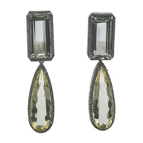 Silver and 14k Yellow Gold Prasiolite, Lemon Quartz and Diamond Drop Earrings
