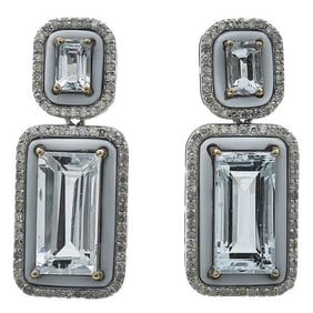 Silver and 14k Yellow Gold Aquamarine, Diamond and Chalcedony Earrings