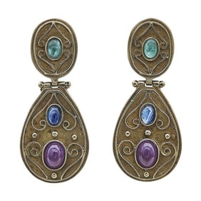 14k Yellow Gold Ruby, Sapphire and Emerald Drop Earrings
