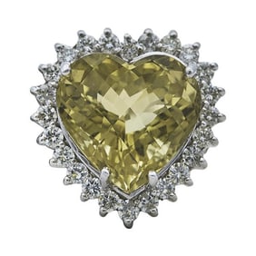 14k White Gold Green Quartz and Diamond Heart-Shaped Ring
