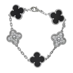 Van Cleef & Arpels Vintage Alhambra 18k White Gold Diamond and Black Onyx 5 Motif Bracelet