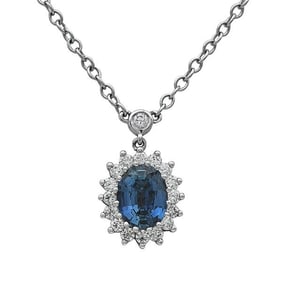 LeVian 14k White Gold Sapphire and Diamond Cluster Pendant Necklace