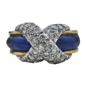Tiffany & Co. Schlumberger 18k Yellow Gold Diamond and Blue Enamel Ring