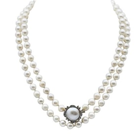 Single Strand Akoya Pearl Necklace with 14k Yellow Gold Diamond and Mabe Pearl Clasp
