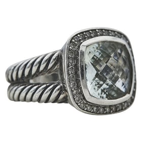 Silver Quartz and Diamond Halo Split Shank Ring