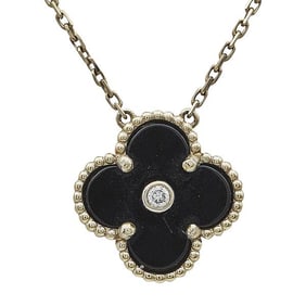 18k Yellow Gold Black Onyx and Diamond Clover Pendant Necklace