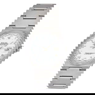 Rolex Oyster Quartz Datejust Stainless Steel Watch Ref. 17000, circa 1980: CASE MATERIAL: Stainless Steel. BRACELET: Stainless Steel. Fits approx. 7 inch wrist. CASE SIZE (mm): 36. BEZEL: Stainless Steel. MOVEMENT TYPE: Quartz. DIAL COLOR: White. CRYSTAL: Sapphire. CRYSTAL C