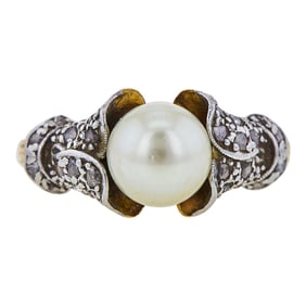 18K Yellow Gold and Platinum 8mm Akoya Pearl and Rose-Cut Diamond Ring